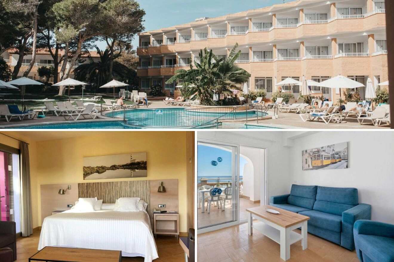 A collage of three hotel photos to stay in Punta Prima: a sunbathed hotel exterior with loungers by the pool, a cozy double room with warm lighting, and a bright living area with a blue sofa and sliding doors opening to a sea view