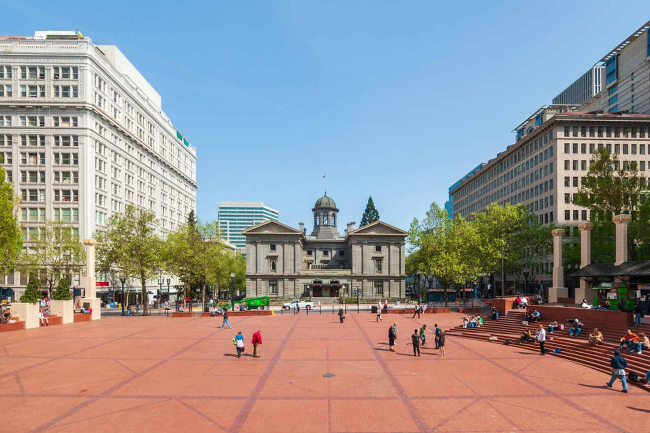 Pioneer Courthouse Square in downtown Portland on a sunny day, with the historic courthouse in the background