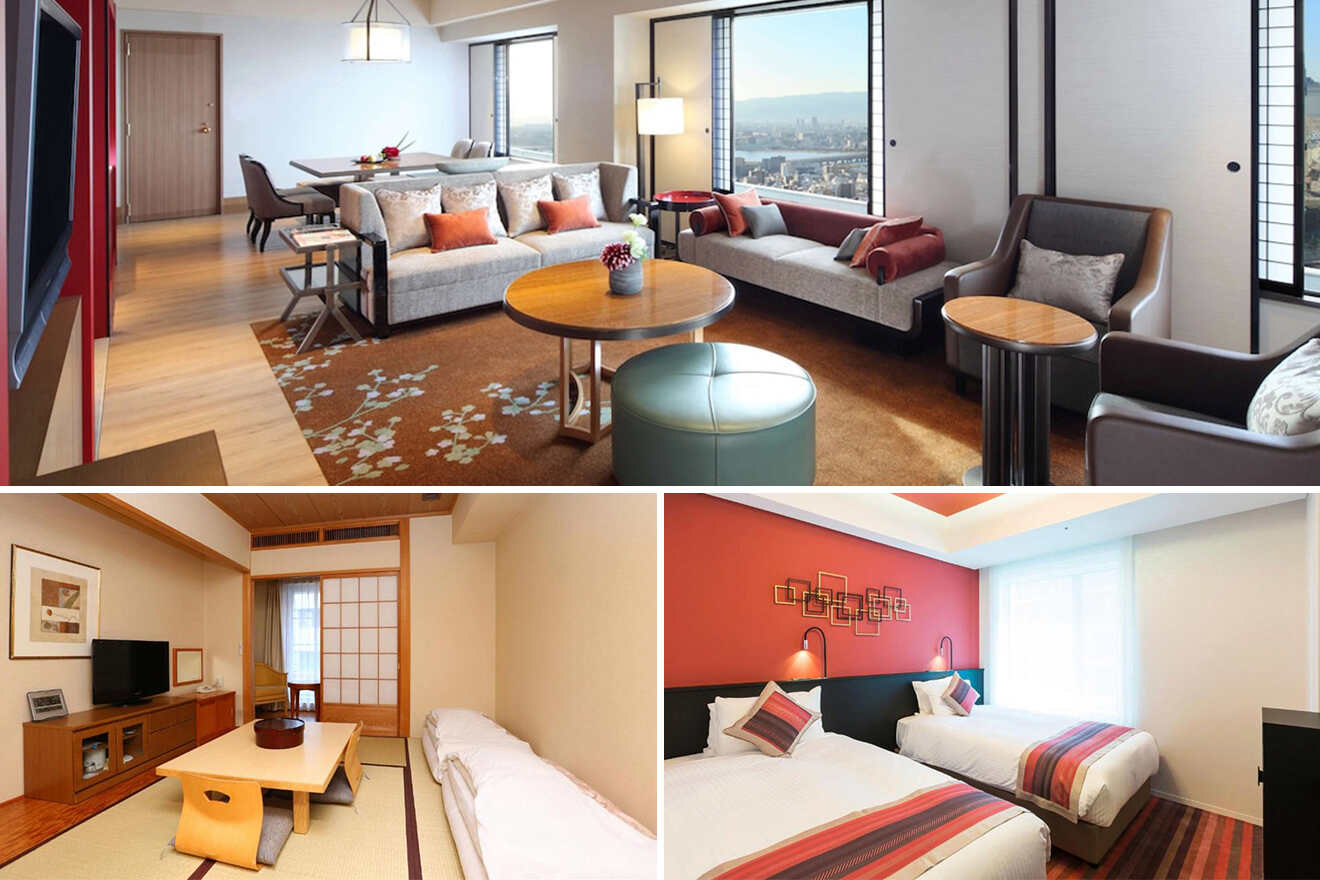 Collage with hotel images in Kita-district: a living room with city view, a traditional japanese-style room, and a vibrant bedroom with colorful accents.
