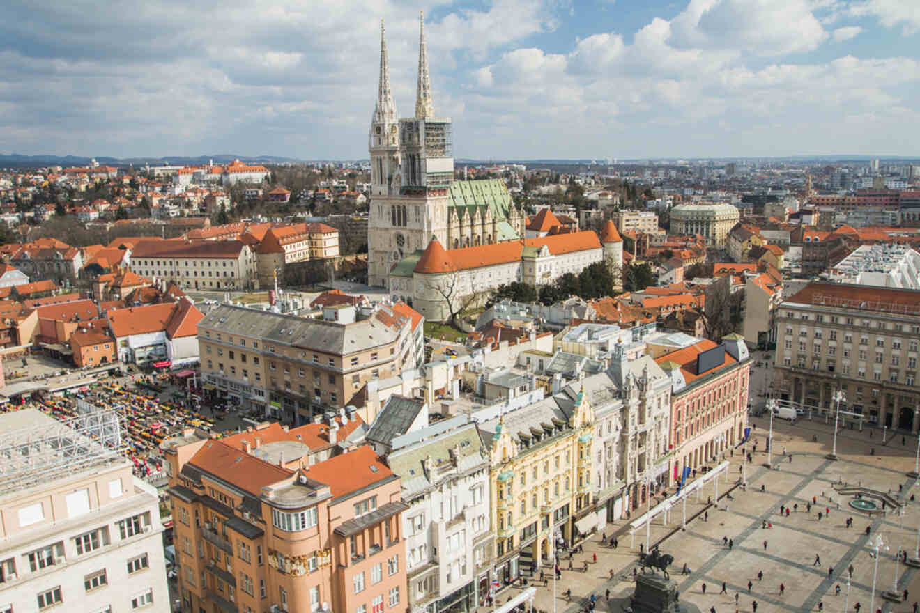 Aerial view of Lower Town (Donji Grad) in Zagreb, with the Zagreb Cathedral dominating the skyline surrounded by classic European architecture