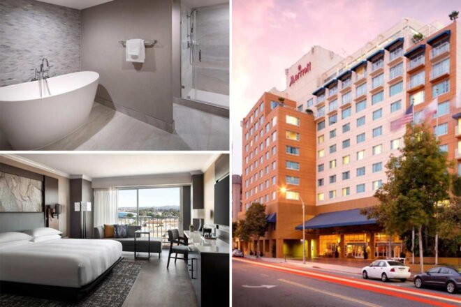 Collage of a Monterey-Marriott hotel: modern bathroom with freestanding tub, bedroom with city view, and exterior of the marriott building.