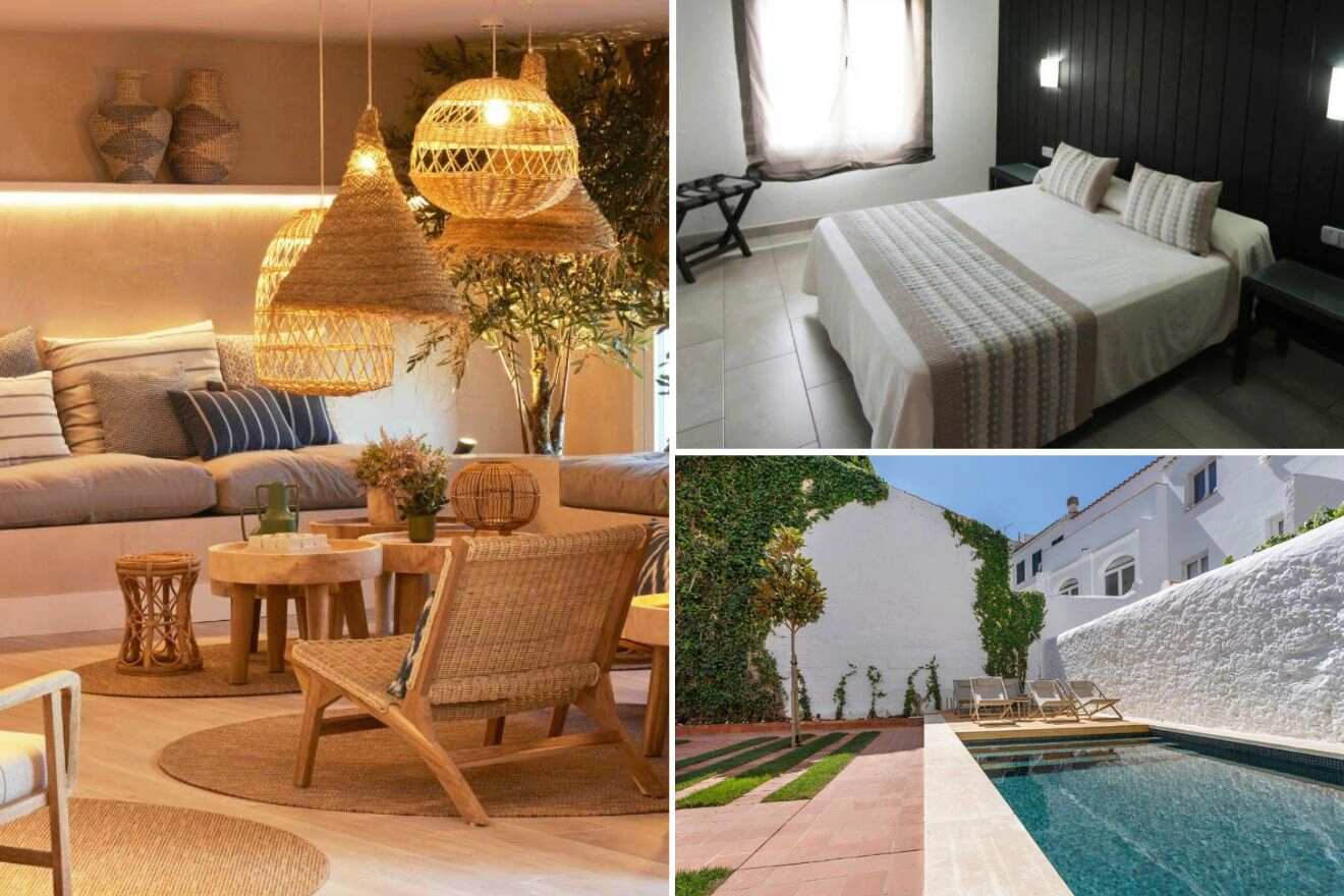 A collage of three hotel photos to stay in Mahón (Maó): an inviting living room with natural fiber pendant lamps and a plush sofa, a minimalist bedroom with a black accent wall, and a serene private outdoor pool with lounge chairs