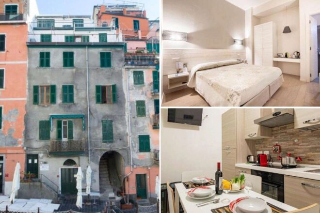 A collage of three hotel photos to stay in Cinque Terre: the charming facade of a traditional colorful building with balconies, a neatly arranged bedroom with modern furnishings, and a cozy kitchen setup complete with a dining table set for two.