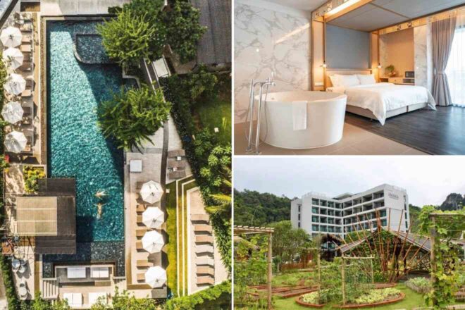 A collage of three hotel photos to stay in Krabi: an aerial view of a luxury hotel's meandering pool surrounded by lush greenery and white parasols, a cozy modern bedroom with a standalone bathtub and ambient lighting, and the hotel's contemporary white exterior with balconies overlooking a tropical setting