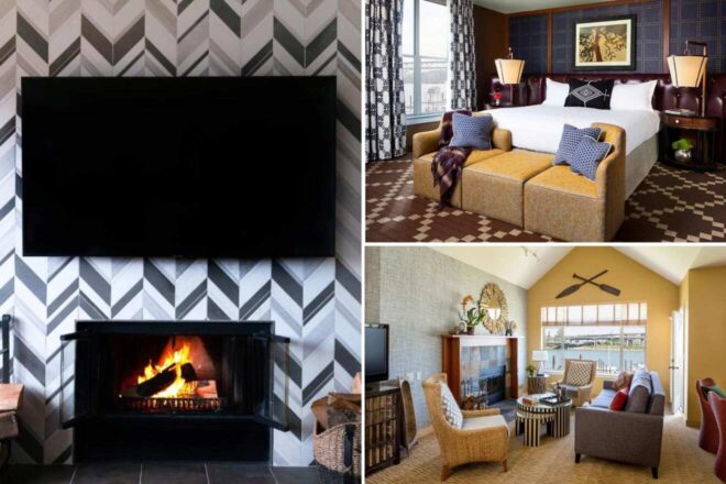 A collage of three hotel photos to stay in Portland: A sophisticated living room with a black and white chevron fireplace, a sumptuous bedroom with golden mustard couches, and a bright room with a nautical theme and waterfront view.