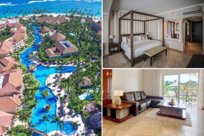 A collage of three hotel photos to stay in the Dominican Republic: an aerial view of a tropical resort with winding pools and palm trees, an inviting room with a four-poster bed and a separate seating area, and a cozy living room space with a comfortable couch and balcony view.