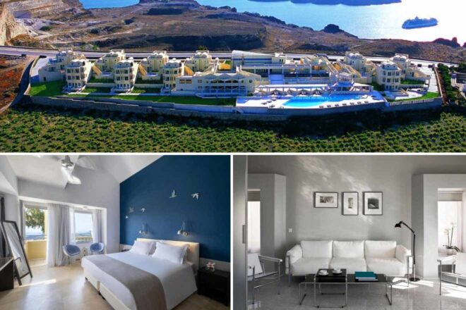A collage of three hotel photos to stay in Santorini: an aerial view of The Majestic Hotel with its expansive swimming pools and architecture, a sleek modern bedroom with touches of nautical blue, and a bright, minimalist living area with artful decor
