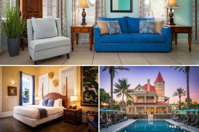 A collage of three hotel photos to stay in Key West: a plush gray armchair in a bright room with tropical window treatments, a sumptuous bedroom with a grand wooden bed frame and warm golden walls, and a picturesque Victorian-style mansion at twilight with a welcoming pool area.