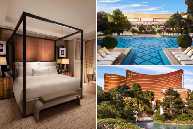 A collage of three images featuring the Wynn Las Vegas: a stylish bedroom with a modern four-poster bed and earthy tones, an outdoor pool lined with cabanas and patterned sun loungers, and the curved copper-colored exterior of the Wynn and Encore hotels amidst lush greenery.