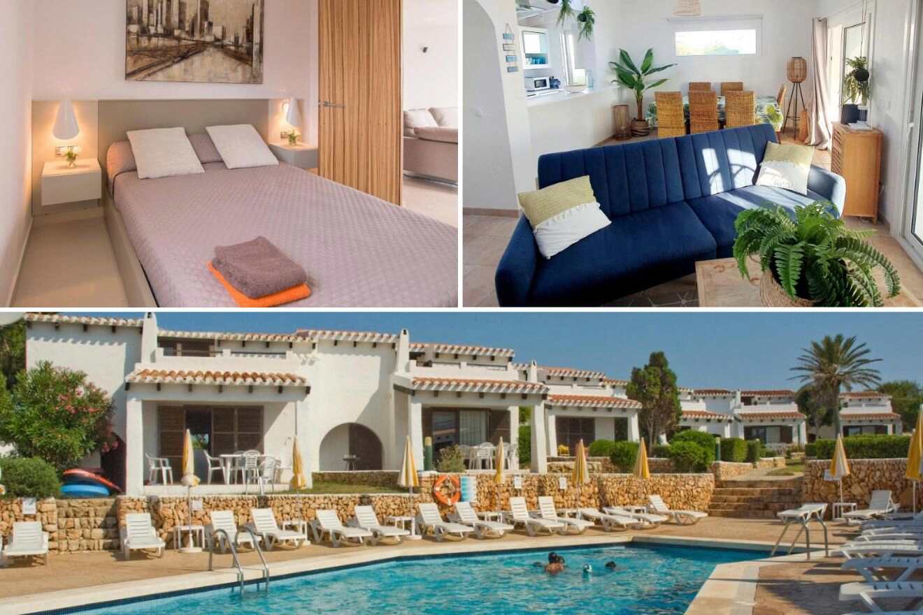 A collage of three hotel photos to stay in Binibeca: a soothing bedroom with modern art and earth tones, a vibrant living area with a large blue sofa, and a picturesque view of white-washed buildings surrounding a central pool area