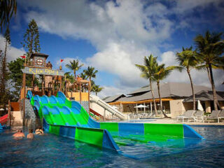A vibrant aqua park with a multi-lane water slide and tropical palm trees in the background.