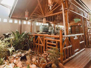 Cozy indoor bamboo bar surrounded by lush green plants, featuring wooden stools and decorative lanterns.