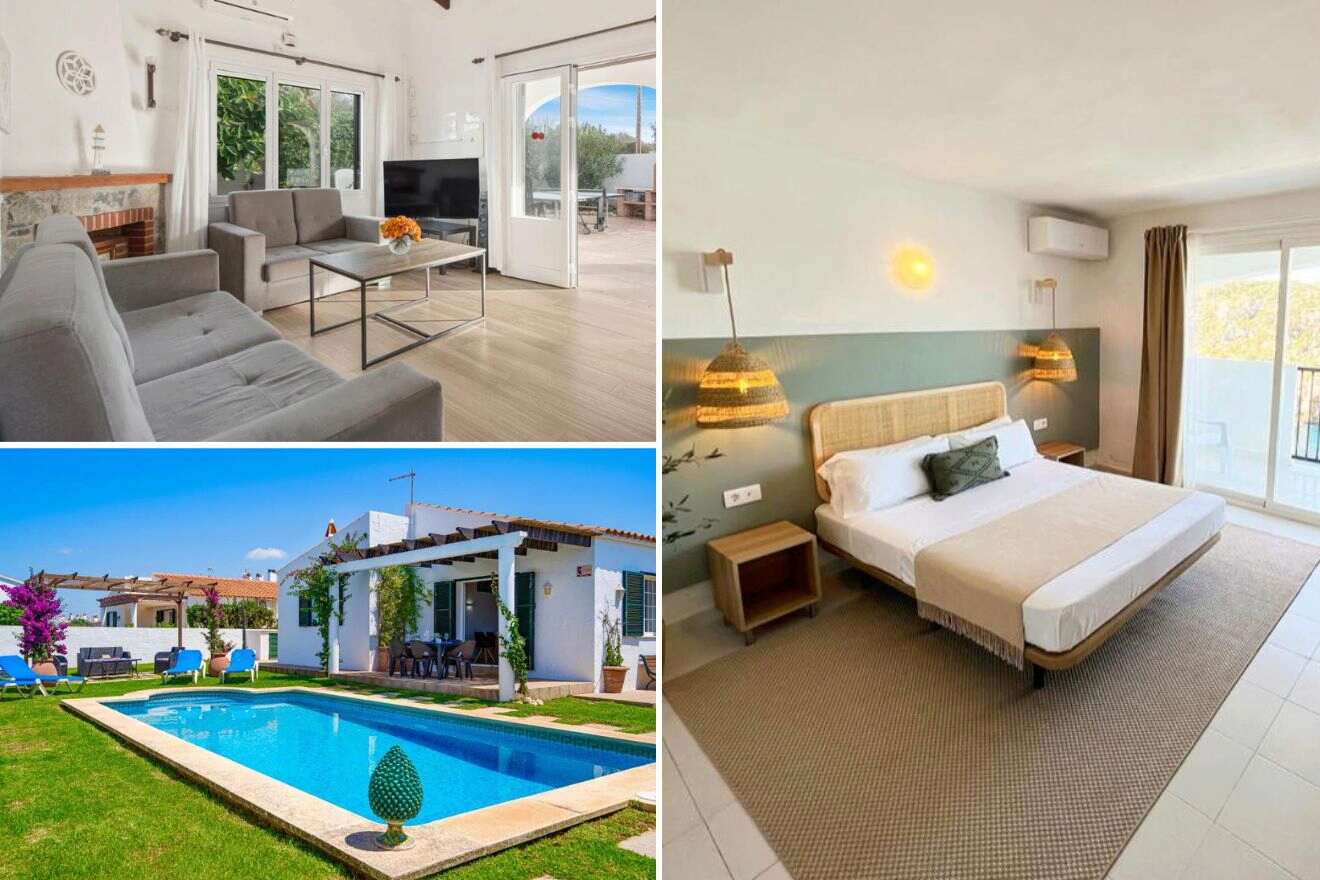 A collage of three hotel photos to stay in Cala En Porter: a spacious living room with grey furnishings and a fireplace, a modern bedroom with a pool view, and a refreshing outdoor pool framed by lush greenery and a covered patio.