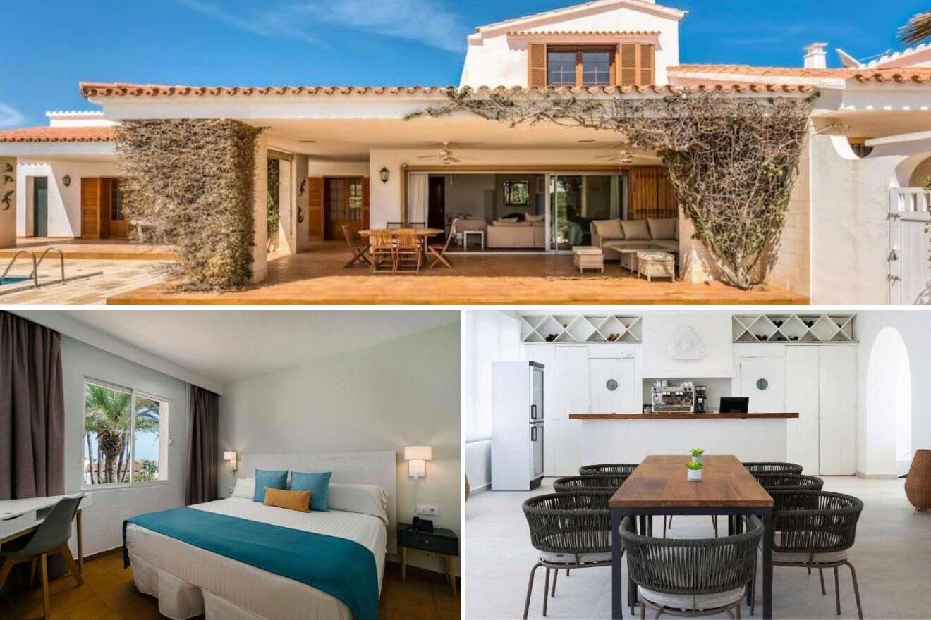 A collage of three hotel photos to stay in S’Algar: a quaint villa entrance with terracotta tiles, a tranquil bedroom with blue bedding and a desk, and a spacious dining area with a large table and kitchenette