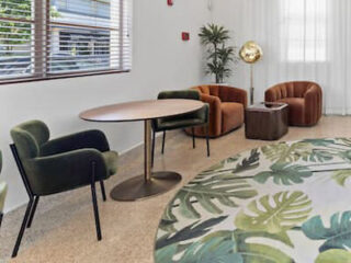 Modern sitting area with tropical-themed carpet, contemporary furniture, and a round table