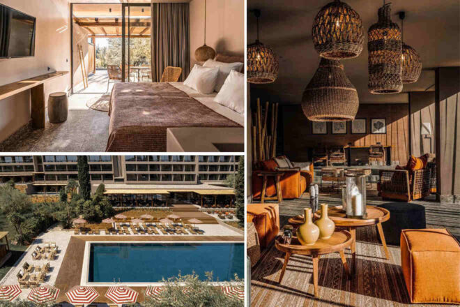 A collage of three images showcasing a modern Gouvia hotel: a bedroom with rustic décor and balcony access, an elegant lounge with rattan light fixtures and orange accents, and a view of the hotel exterior with a pool and sun loungers.