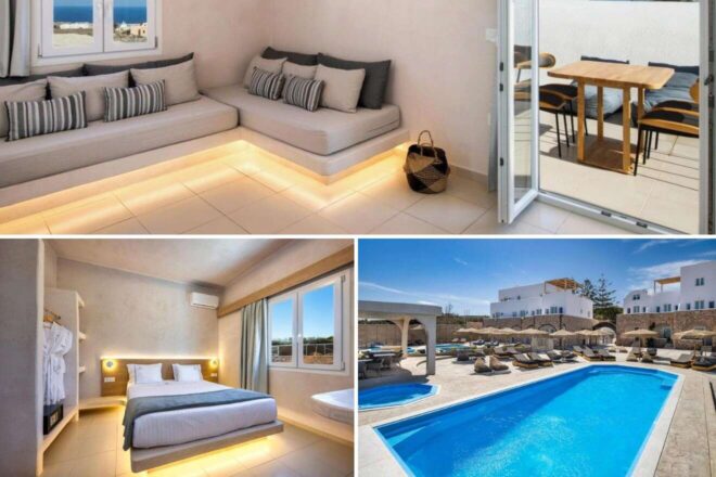 A collage of three hotel photos to stay in Santorini: a chic corner couch with elegant striped cushions, a well-lit bedroom with a view of the Aegean sea, and a spacious poolside area with sun loungers and umbrellas under a clear blue sky