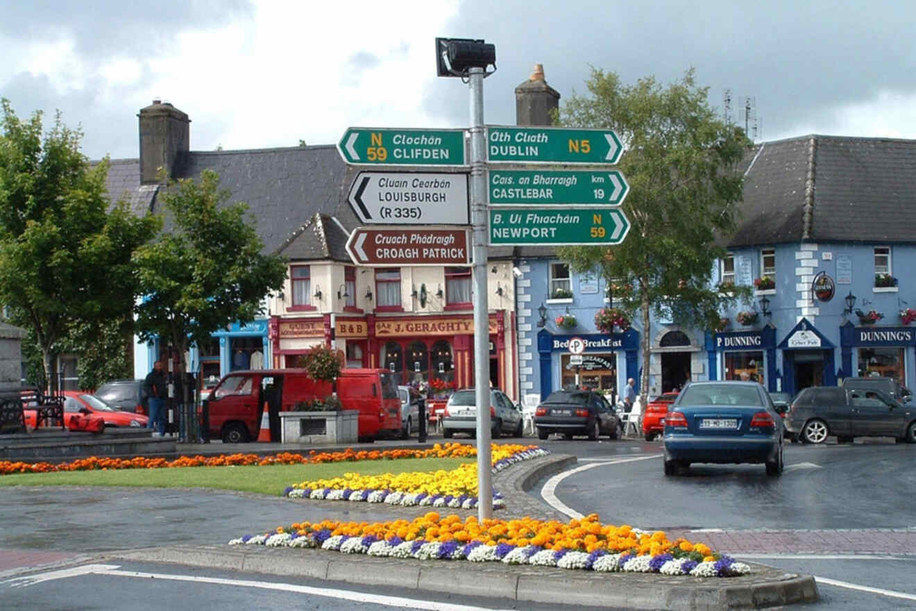 A busy street intersection with directional signs pointing towards various Irish destinations such as Clifden, Dublin, and Croagh Patrick, amidst a backdrop of shops and parked cars