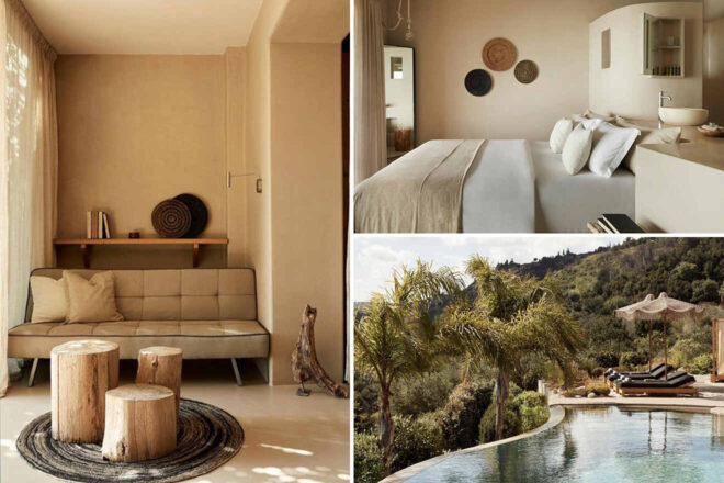 Collage of four serene interior and exterior spaces including a cozy living area, minimalist bedroom, stylish kitchen, and a luxurious poolside with lush green surroundings.