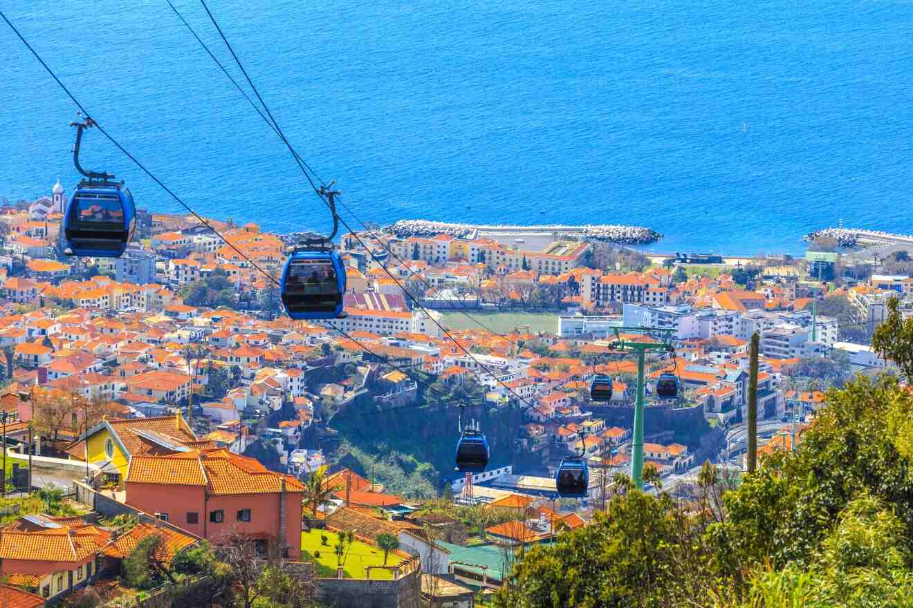 The vibrant scene of a cable car ride above the terracotta rooftops and streets of Madeira, providing a bird's-eye view of the island's urban charm