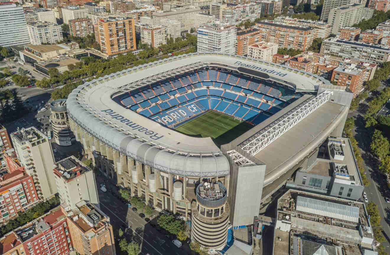 Aerial view of Santiago Bernabeu Stadium in Madrid, the home of Real Madrid football club, surrounded by city building