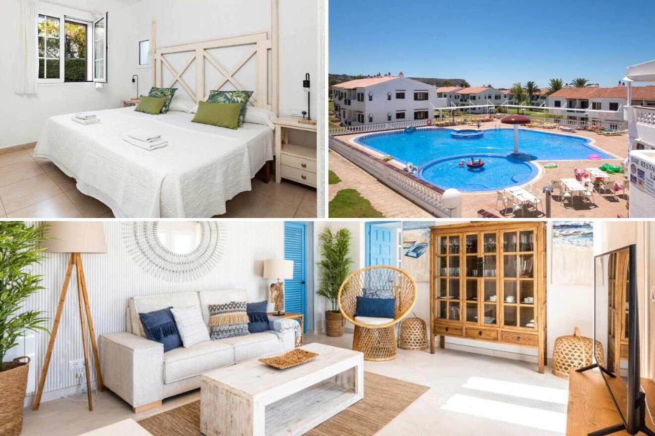 A collage of three hotel photos to stay in Son Bou: a comfortable bedroom with white bedding and rustic headboard, a chic living room with coastal decor, and a vibrant hotel exterior with a kid-friendly pool and dining area