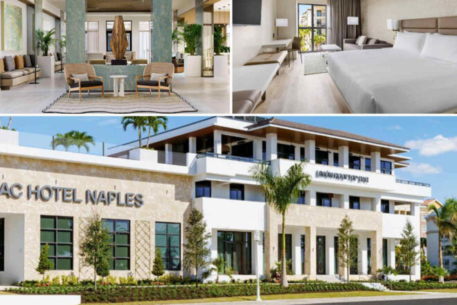 Collage featuring the AC Hotel by Marriott Naples: a stylish lobby with modern furniture, a minimalist hotel room, and the building's exterior with 'Luna Rooftop Bar' sign