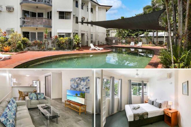 Collage featuring the Citysider-Cairns-Holiday-Apartments: a cozy bedroom with balcony access, a spacious living room with a sectional sofa and large TV, and a kidney-shaped community pool with lounging chairs
