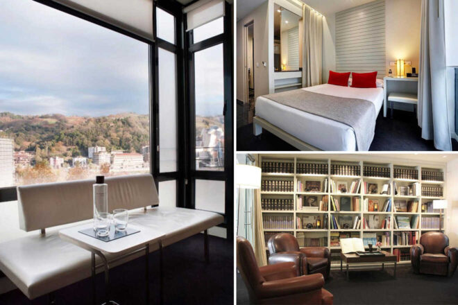 A collage of Hotel-Miro: a dining area with large windows overlooking hills, a bedroom with a white and red theme, and a cozy library with shelves full of books and leather chairs.