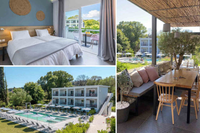 A collage of three images showcasing Ipsos accommodations: a minimalist bedroom opening to a balcony with garden views, a tranquil pool area surrounded by greenery and loungers, and a cozy dining area with a straw roof and cushioned seating.