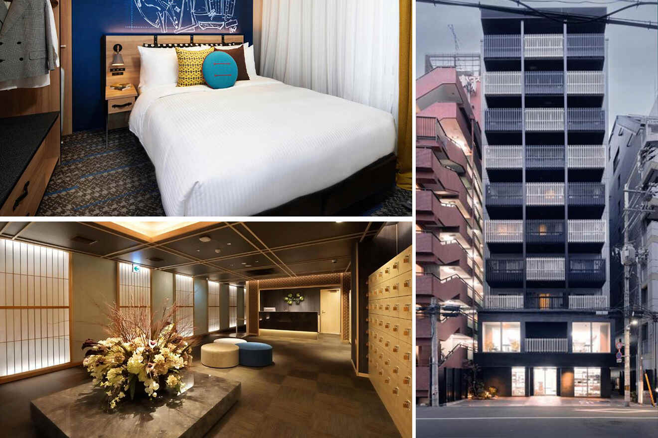 Collage of hotels in Minami area: a cozy bedroom, a multi-story building exterior, a stylish hotel lobby