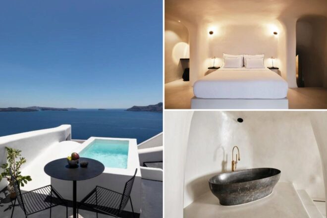 A collage of three hotel photos to stay in Santorini: a rooftop view featuring a plunge pool and sea backdrop at Abyss Hotel, an ambient bedroom with curvilinear architecture and serene lighting, and an elegant stone bathroom with a luxurious basin