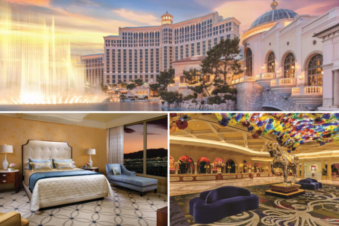 A collage of three images featuring the Bellagio Las Vegas: the hotel's iconic fountains in a spectacular display at dusk, a luxurious bedroom with a large window offering city views at sunset, and the opulent hotel lobby with vibrant ceiling art and an ornate bronze horse sculpture.