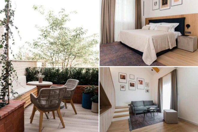 A collage of three boutique hotel images for a stay in Zagreb: an inviting private balcony with wicker chairs and a table overlooking greenery, a minimalistic bedroom with a large bed and wood accents, and a living room with modern furniture and framed pictures on the wall.