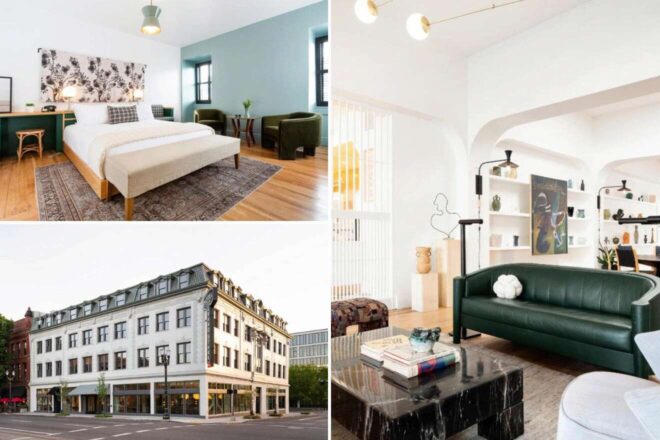 A collage of three hotel photos to stay in Portland: A serene bedroom with black and white floral wallpaper, a chic living area with a marble coffee table and green velvet sofa, and the classic exterior of the building.