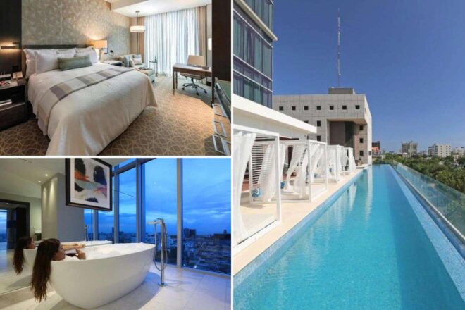 A collage of three hotel photos to stay in the Dominican Republic: a contemporary hotel room with plush bedding and a desk area, a woman enjoying a luxurious bath with city views, and an infinity pool with loungers overlooking an urban landscape.