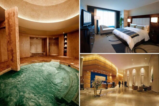 A collage of three hotel photos to stay in Detroit: an inviting spa area with a circular hot tub and rustic finishes, a spacious bedroom with modern amenities and a neutral color scheme, and a grand hotel lobby with a long reception desk and elegant floral arrangements.