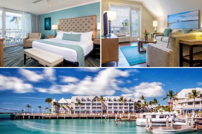 A collage of three hotel photos to stay in Key West: a cozy bedroom with a tufted headboard and balcony overlooking the sea, a serene living space with nautical accents and an inviting sofa, and a luxurious waterfront resort featuring white buildings and a wooden pier.