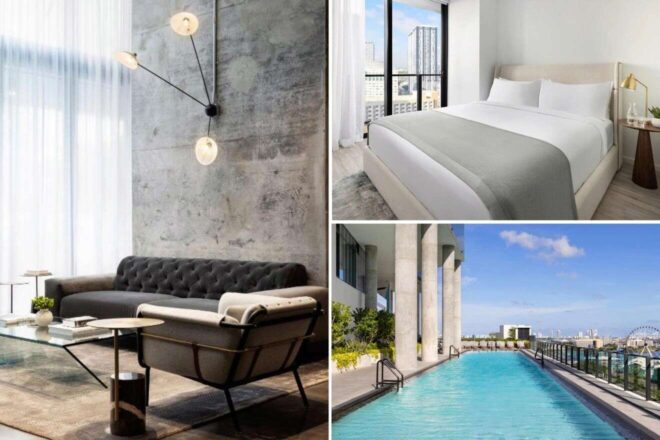 A collage of three hotel photos to stay in Miami: featuring a modern living space with industrial aesthetics and a leather sofa, a simplistic bedroom with urban views, and an outdoor lap pool with a cityscape backdrop.