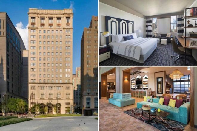 A collage of three hotel photos to stay in Philadelphia: A historic building facade set against a clear blue sky, a spacious and modern bedroom with chic furnishings, and a bright and welcoming hotel lounge area with comfortable seating and eclectic decor.