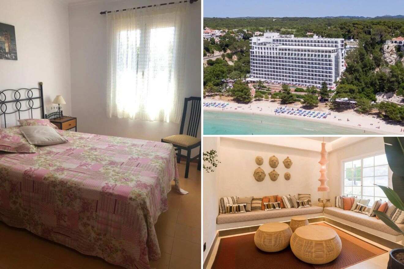 A collage of three hotel photos to stay in Cala Galdana: a bedroom with natural light and floral bedding, a bird's-eye view of a hotel beside a sandy beach, and a cozy sunken lounge with neutral tones and a seaside vibe