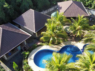 Aerial view of a tropical resort with two brown-roofed buildings surrounded by lush greenery and a blue kidney-shaped swimming pool.