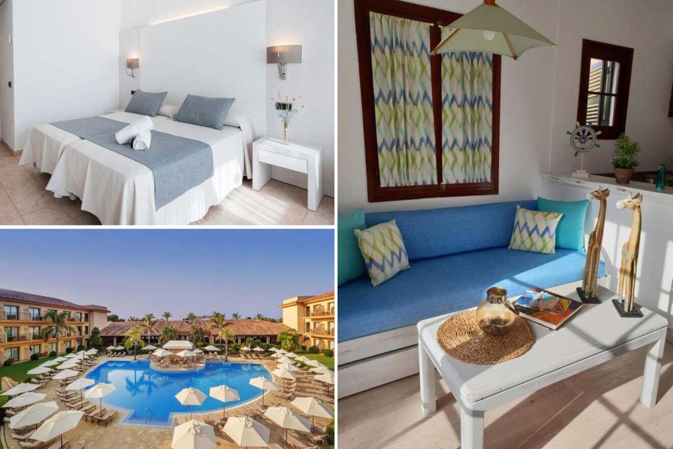 A collage of three hotel photos to stay in Cala En Bosc & Son Xoriguer: a sleek bedroom with grey accents, a bright living area with blue cushions and unique decor, and a stunning resort pool surrounded by palm trees and lounge chairs