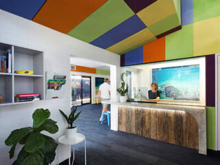 Vibrant hostel reception area with multicolored ceiling panels, a wooden reception desk, and a variety of books on shelves