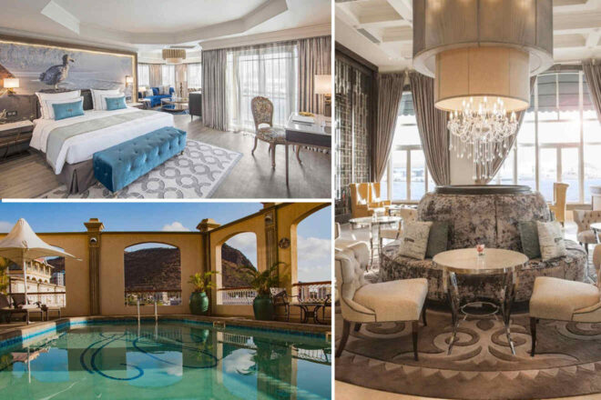 Collage featuring the Labourdonnais-Waterfront-Hotel: a plush bedroom with a peacock-themed headboard, an elegant lounge area with a crystal chandelier, and a serene pool area with arches offering a mountain view