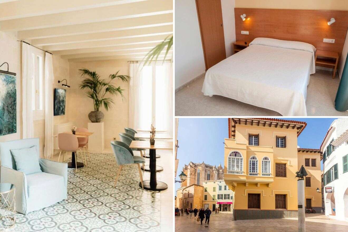 A collage of three hotel photos to stay in Ciutadella de Menorca: a stylish cafe area with artistic decor and vintage flooring, a minimalist bedroom with wooden furnishings, and a historic yellow building in a bustling city square