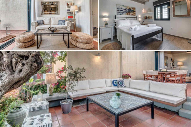 A collage of three images from a Barbati hotel stay: an inviting living space with a white couch and wicker accents, a romantic bedroom with a wrought iron bed, and an outdoor lounge with a spacious white sofa and vibrant plants.