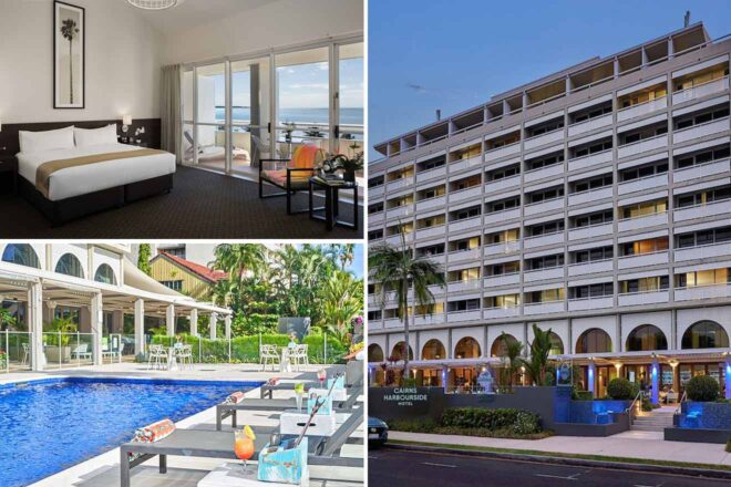 Collage featuring the Cairns-Harbourside-Hotel: a modern bedroom with a large bed and sea view, the hotel's multi-story façade illuminated at dusk, and an outdoor pool area with tables set for dining