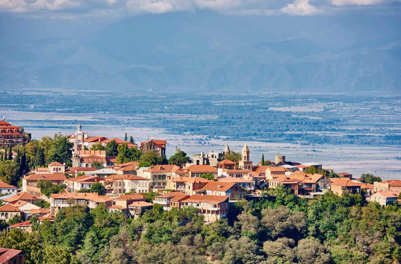 Panoramic view of the quaint town of Sighnaghi, with its terracotta rooftops and church spires, nestled on a hillside with lush greenery and a mountainous horizon