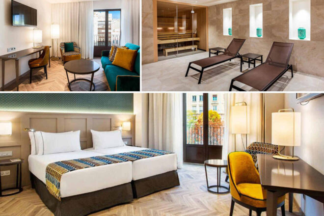 Collage of Eurostars-Puerta-Real hotel: a seating area with tv, a sauna room, a bedroom with twin beds with workspace and street view.